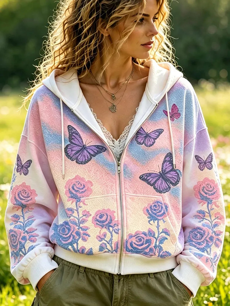 Cardydony Women's Full-zip Hoodie With Tie-dye Gradient, Purple Butterflies, And Roses Print