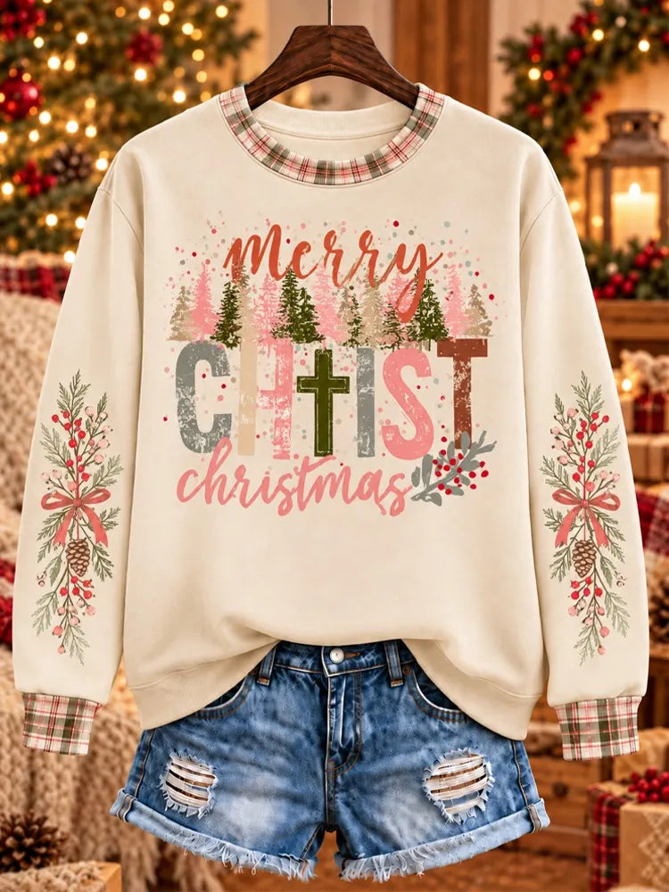 Cardydony Women's Christmas-themed Merry Christ Christmas Plaid Plant Floral Print Crewneck Sweatshirt