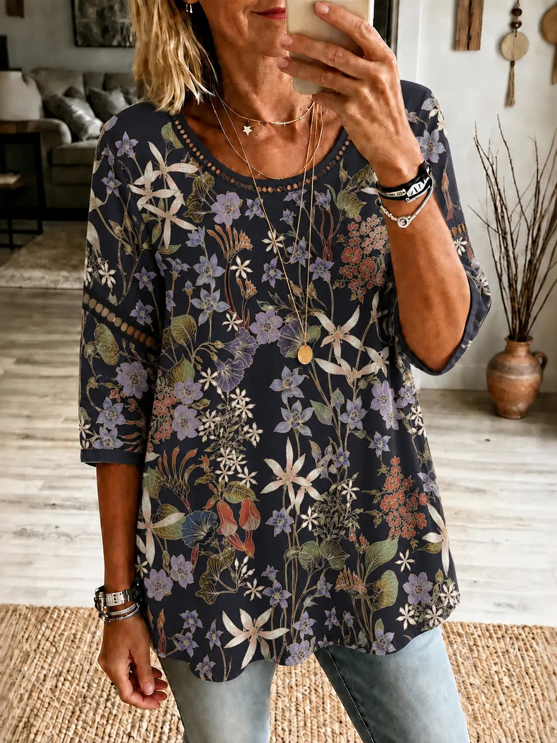 Cardydony Women's Retro Floral Art Flowy Linen Blend Three Quarter Sleeves T-shirt