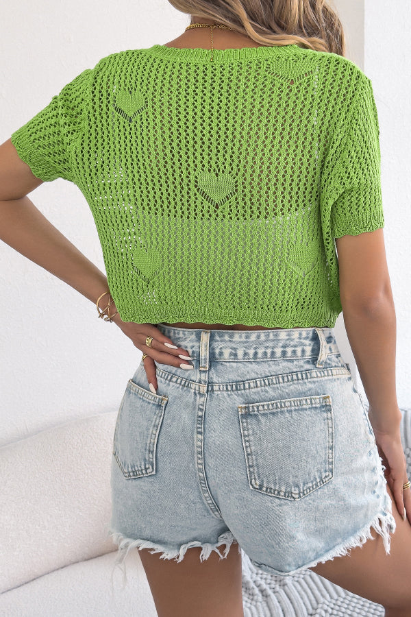 Cardydony Women's Solid Color Loose-fitting Hollow V-neck Short-sleeved Knitted Cardigan