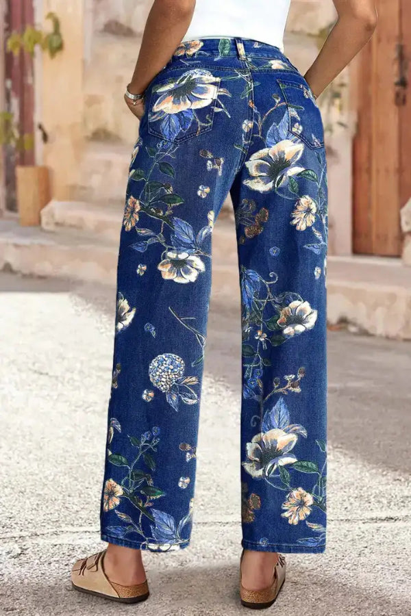 Cardydony Women's Floral Print Loose Pocket High-waisted Wide-leg Jeans