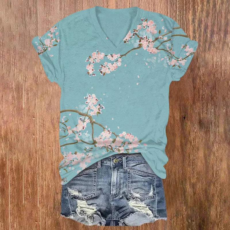 Cardydony Women's Vintage Japanese Cherry Blossom Print V-neck T-shirt