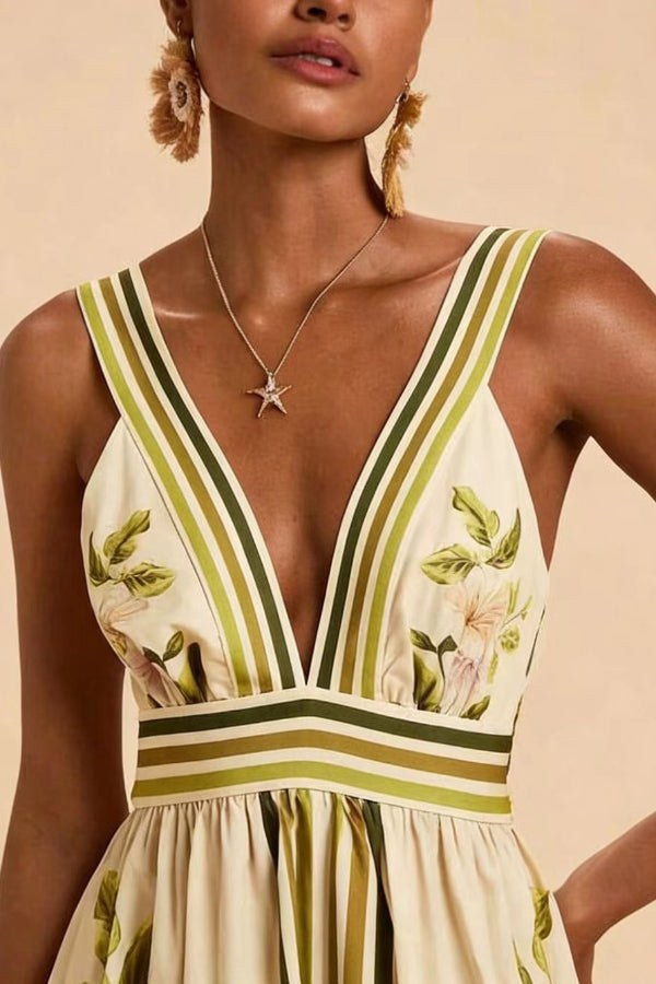 Cardydony Women's Botanical Print V-neck Backless Pleated Casual Vacation Maxi Dress