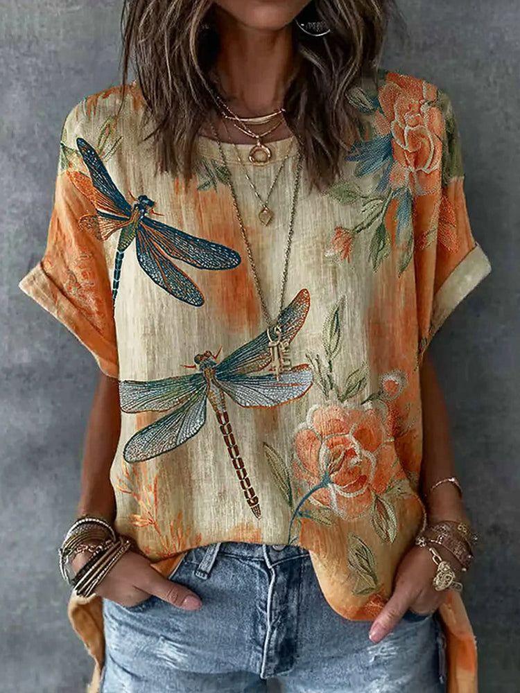 Cardydony Vintage Dragonfly And Floral Pattern Linen Blend Short Sleeve Tops