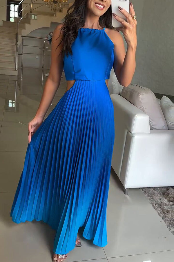 Cardydony Women's Fashionable Backless Tie Elegant Gradient Pleated Maxi Dress