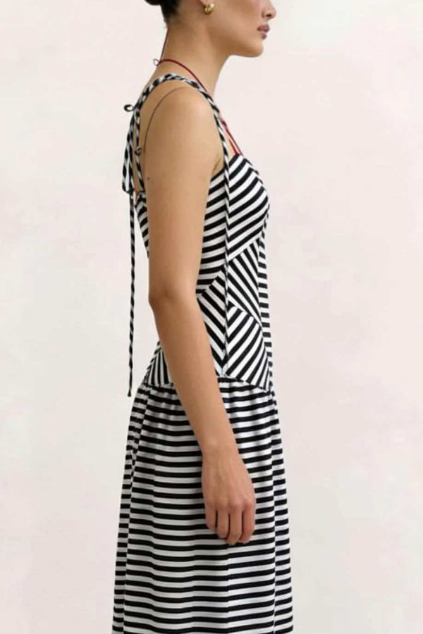 Cardydony Women's Striped Print V-neck Sleeveless Casual Vacation Maxi Dress
