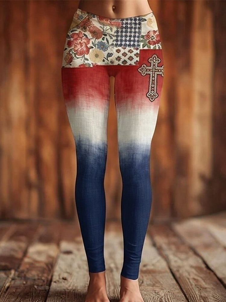 Cardydony Women's Casual America's 250th Anniversary Cross Print Leggings