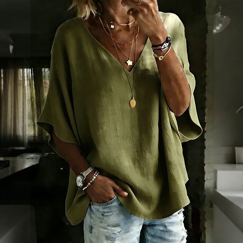 Cardydony Women's Solid Color V-neck Linen Blend Loose T-shirt