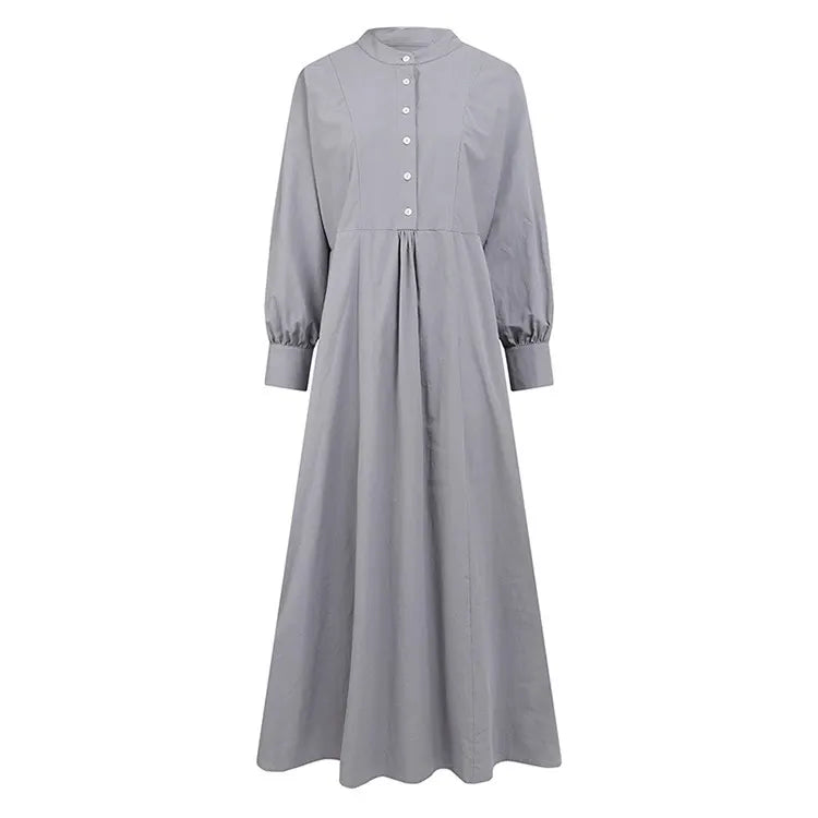 Cardydony Women's Vintage Solid Stand Collar Button Front A-Line Maxi Dress
