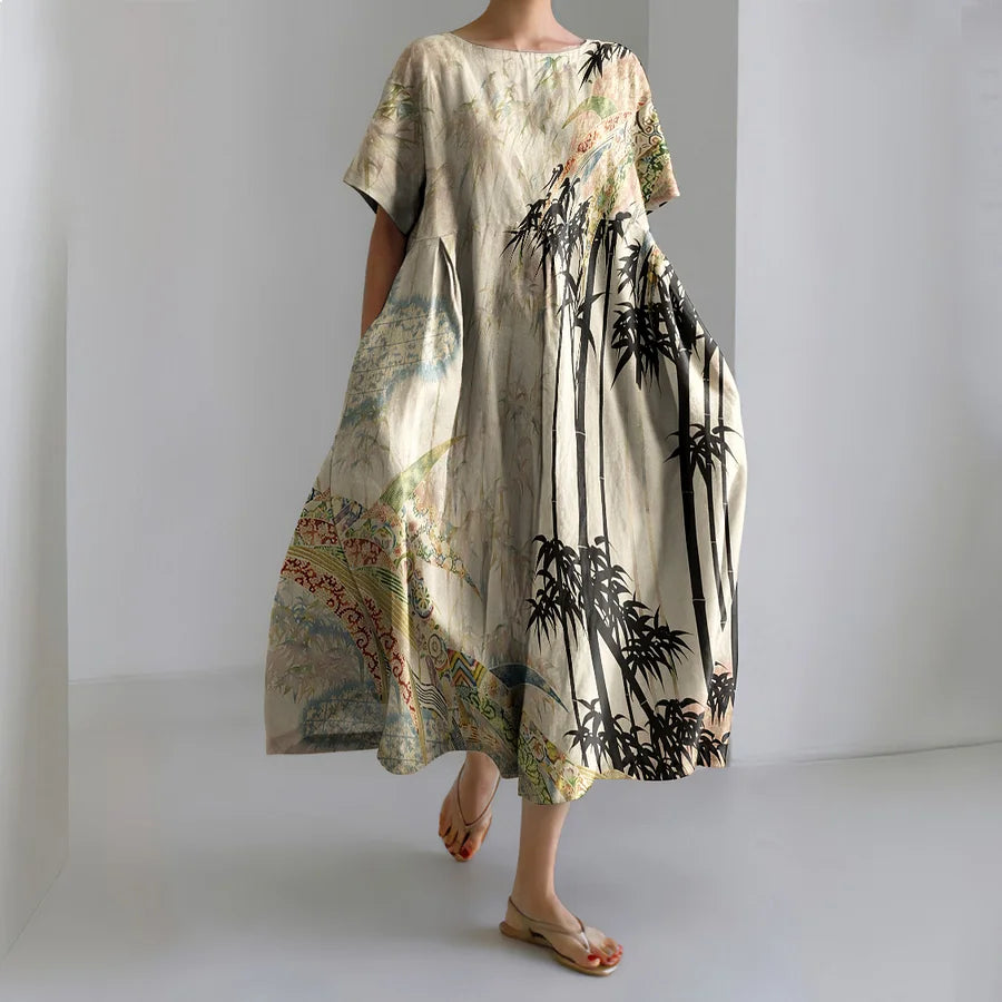 Cardydony Women's Vintage Japanese Art Print Short Sleeve Midi Dress