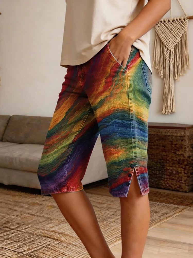 Cardydony Retro Bohemian Floral Art Graphics Button Slit Design Cozy Linen Shorts