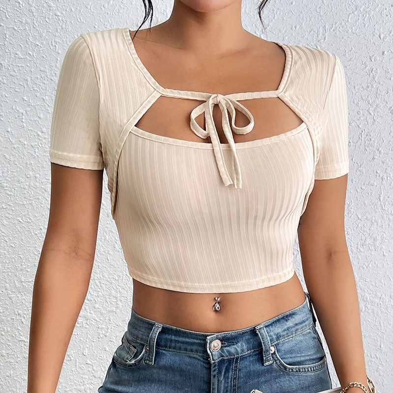 Cardydony Women's Ribbed Bow Tie Crop Top - Short Sleeve with Keyhole Cutout