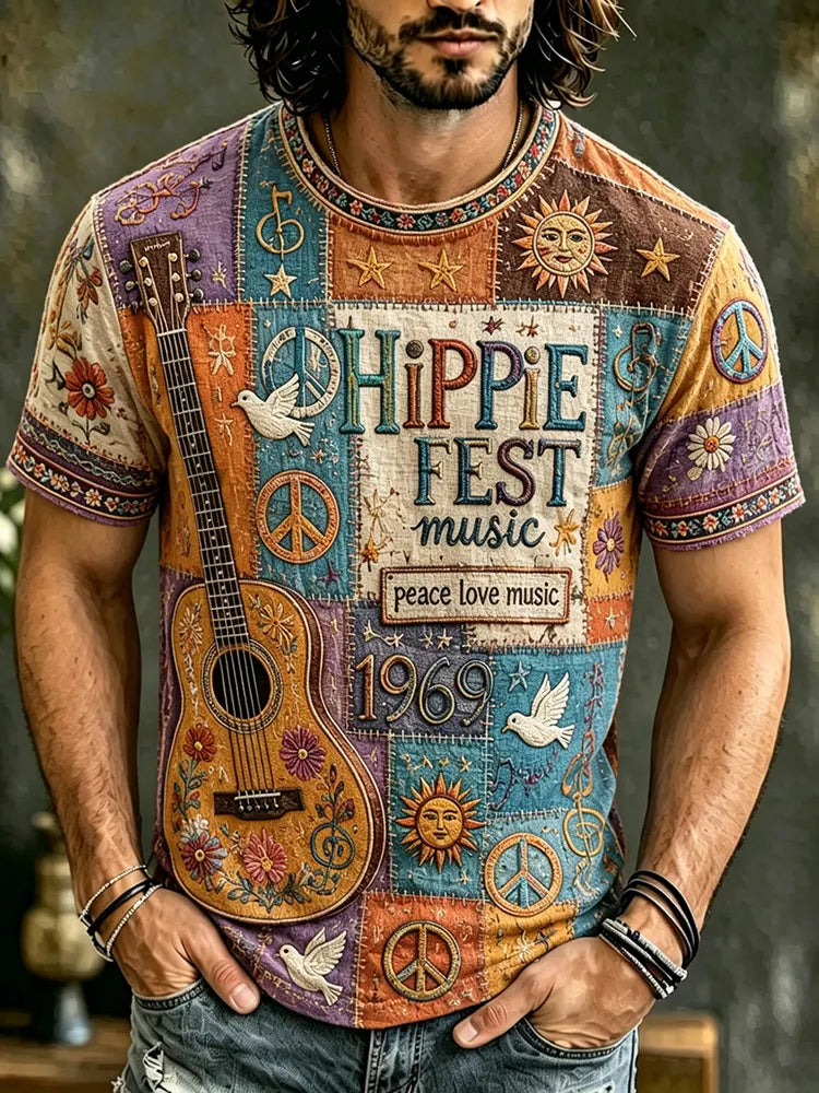 Cardydony Men's Peace Sign And Guitar Hippie Patchwork Print T-shirt