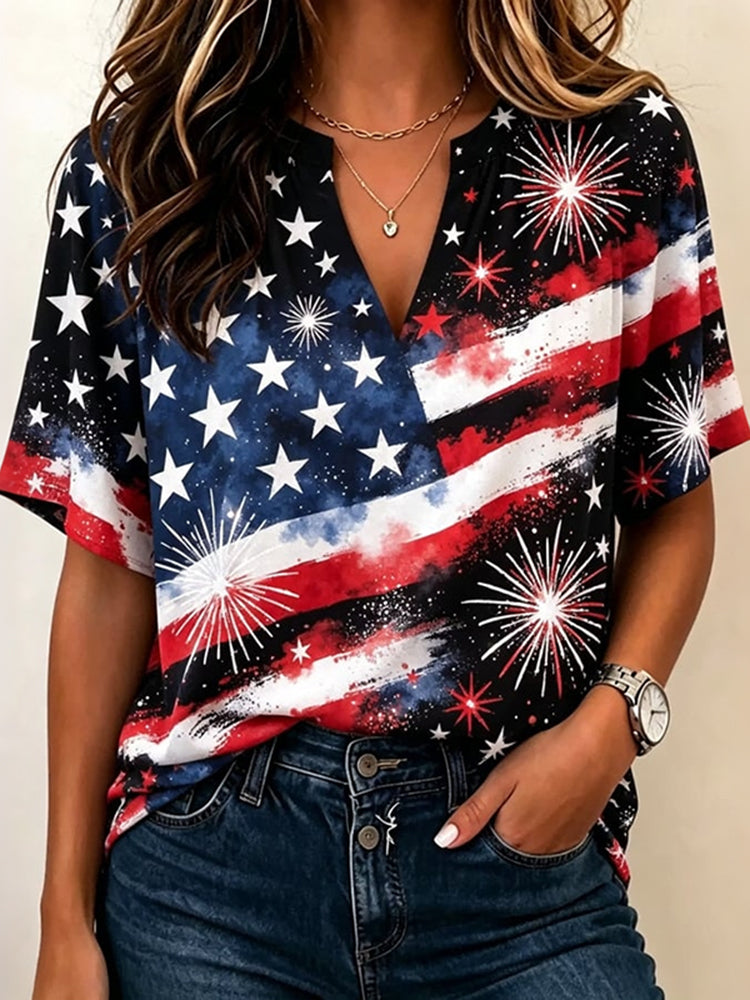 Cardydony Women's Vintage Independence Day Flag Art Print V Neck Short Sleeve Blouses