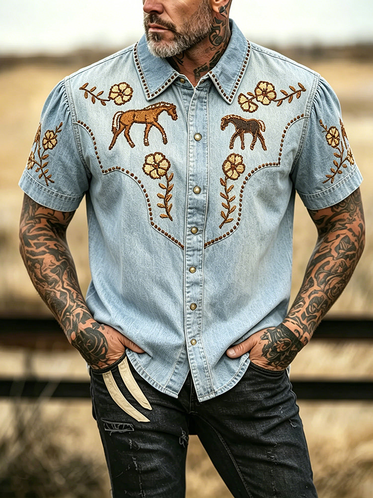 Cardydony Men's Retro Ethnic Horse Print Short-sleeve Shirt