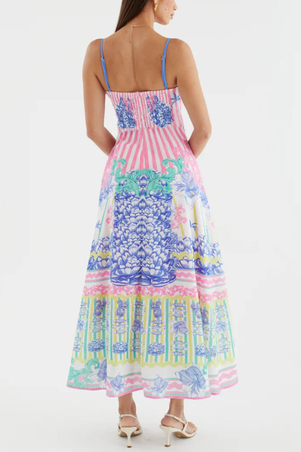 Cardydony Women's Unique Print Spaghetti Strap Square Neck Fitted Waist Elegant Maxi Dress