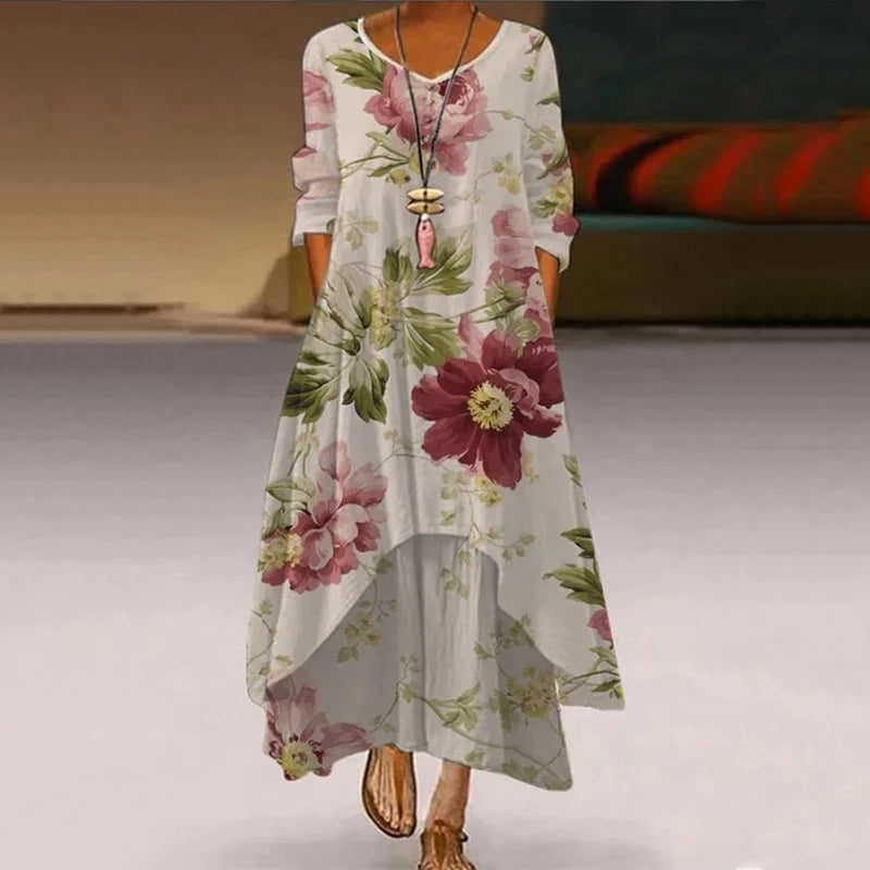 Cardydony Vintage Floral Print Double Layer Casual Maxi Dress