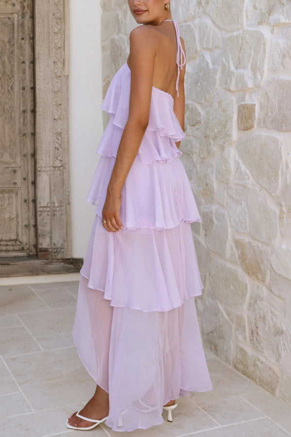 Cardydony Women's Solid Color Chiffon Halter Neck Elegant Ruffle Maxi Dress