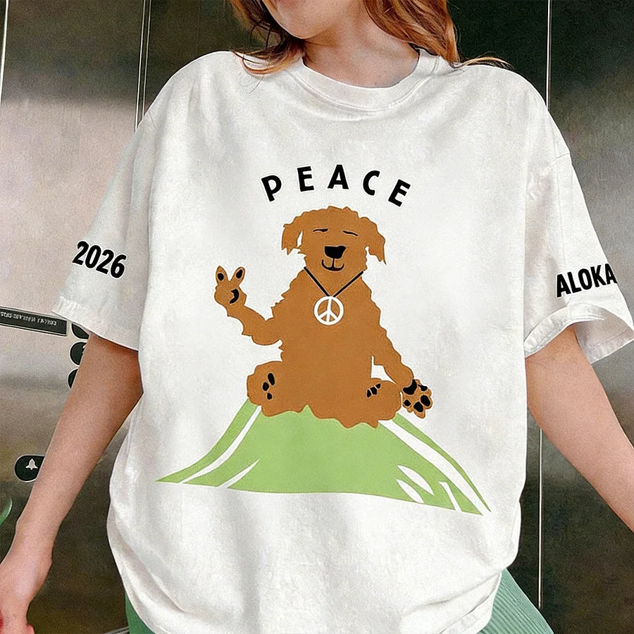 Cardydony Peace Dog Pattern Printed Retro Short-sleeve T-shirt
