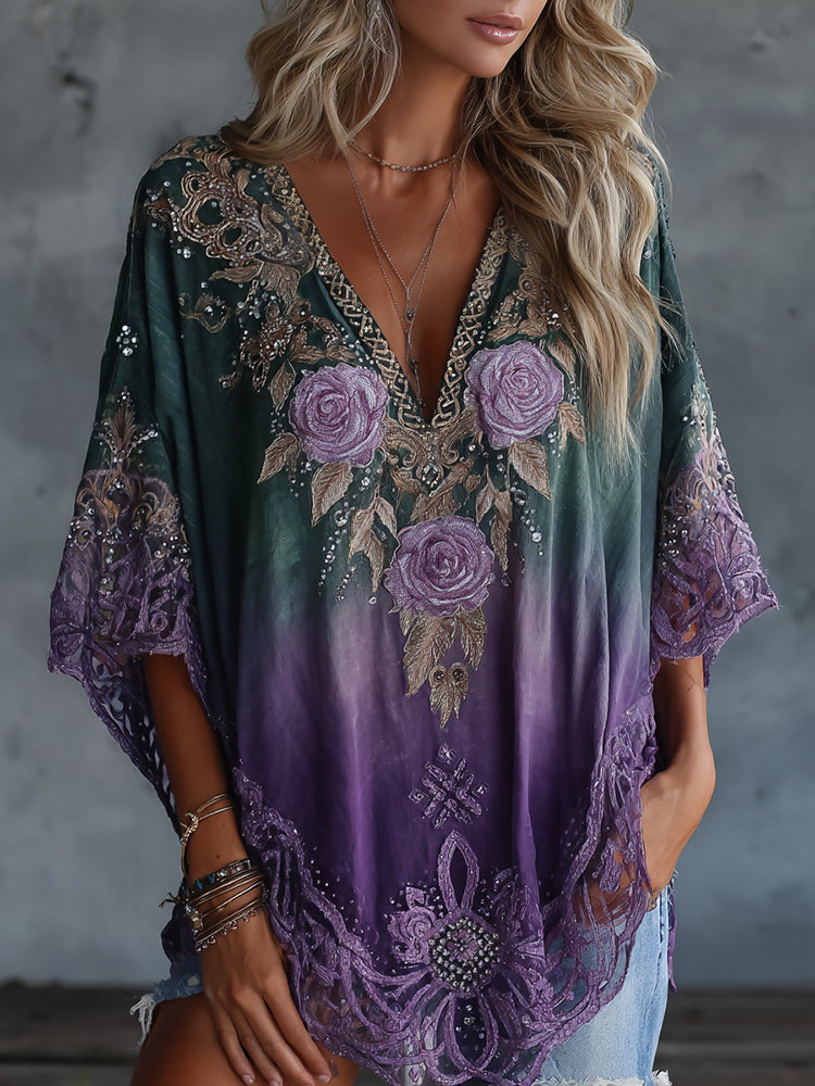 Cardydony Women's Vintage Celtic Knot Floral Gradient Art Flowy Linen Blend Casual Tops