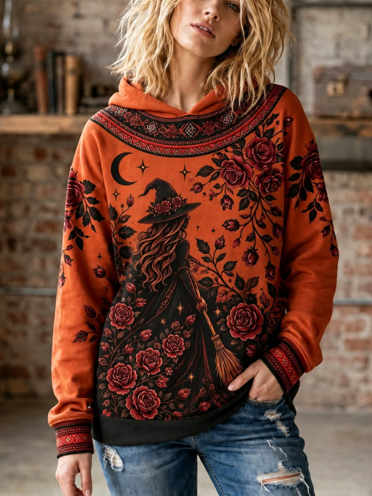 Cardydony Women's Halloween Wizard And Rose Floral Pattern Casual Hoodie