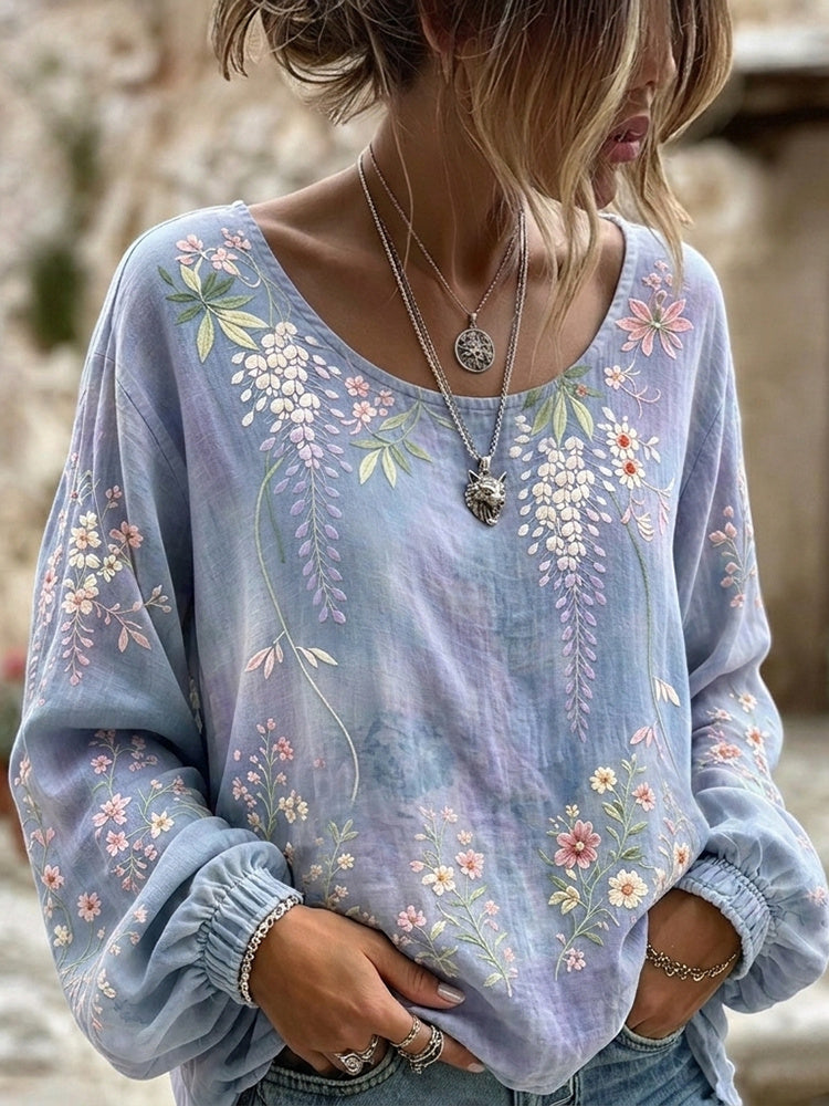 Cardydony Women's Vintage Autumn And Winter Floral Art Print Flowy Linen Blend Long Sleeve T-shirt