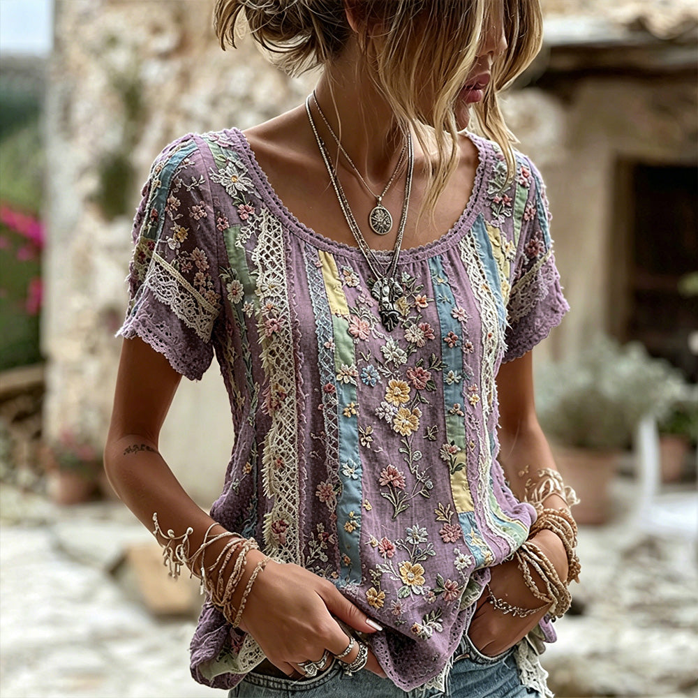 Cardydony Women's Handmade Floral Embroidery And Lace Art Splicing Lightweight Cotton Linen Round Neck Short Sleeve Top
