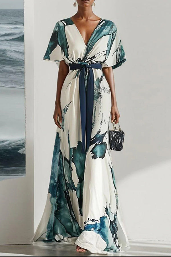 Cardydony Women's Unique Printed V-neck Short-sleeved Waist-tied Maxi Dress