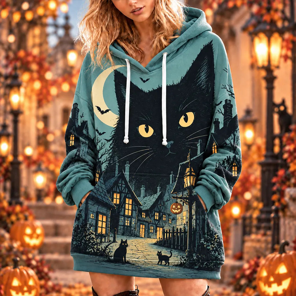Cardydony Women's Teal Halloween Black Cat, Village And Moon Print Oversized Hoodie