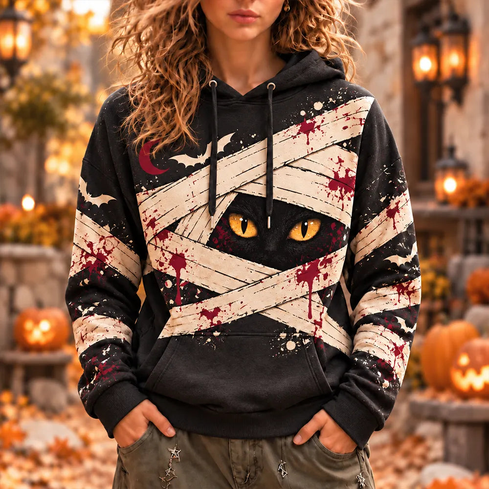 Cardydony Women's Mummy Cat Eyes Hooded Sweatshirt