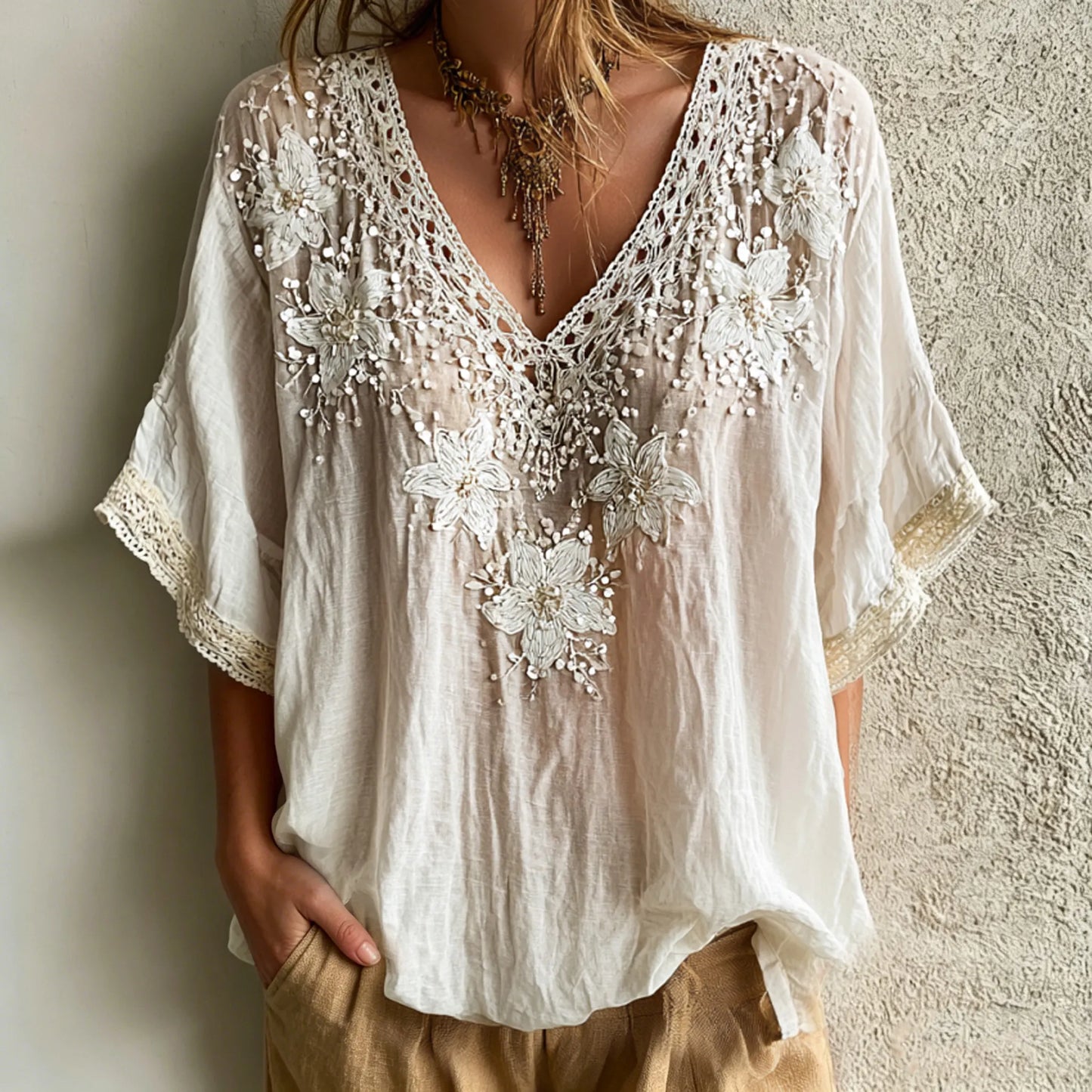 Cardydony Women's Casual Retro Bohemian Style Floral Embroidery Print V-neck Top