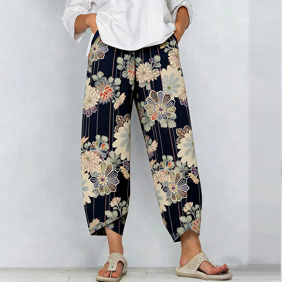 Cardydony Japanese Floral Linen Casual Trousers