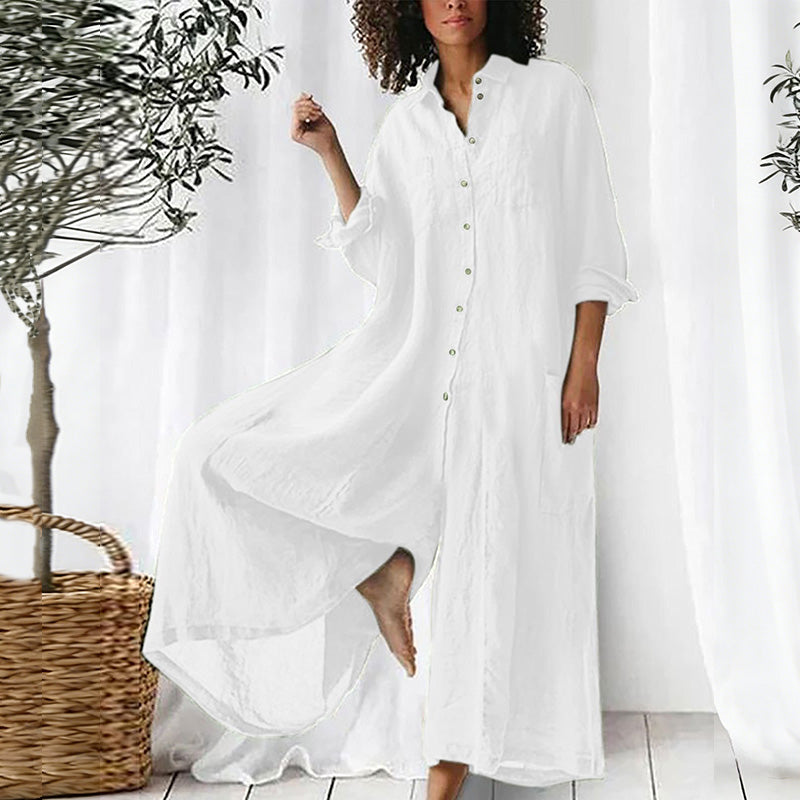 Cardydony Women Plain Cotton-blend Shawl Collar Long Sleeve Split Joint Casual Shirt Spring/fall Jumpsuit
