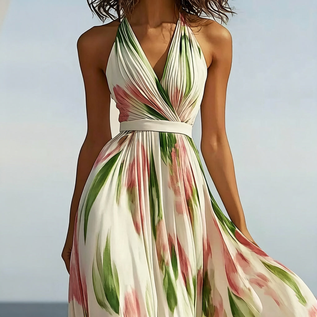 Cardydony Resort Style V-neck Printed Suspender Maxi Dress