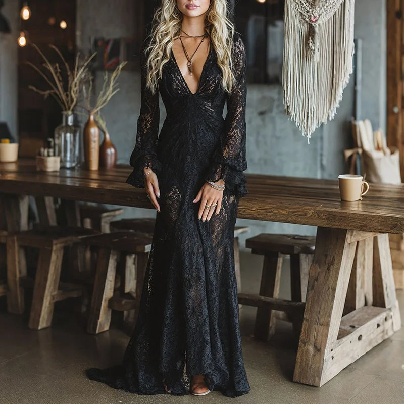 Cardydony Women's Bohemian Lace V-neck Maxi Dress