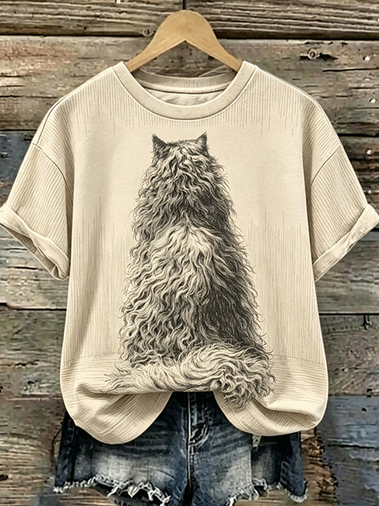 Cardydony Women's Pencil-drawn Textured Cat Pattern Print Casual T-shirt