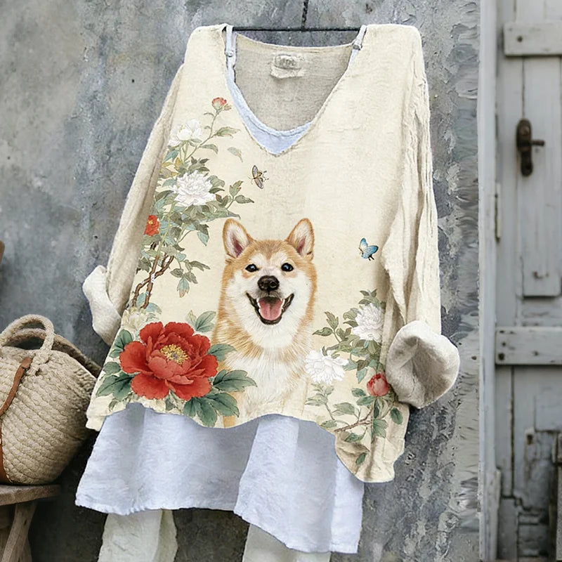 Cardydony Women's Cute Shiba Inu With Floral Ink Art V-neck Linen Blend T-shirt