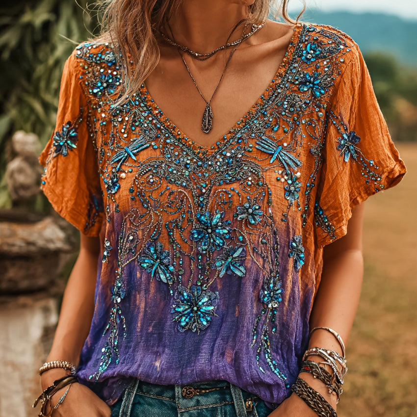 Cardydony Women's Bohemian-style Floral Dragonfly Print V-neck Short-sleeved Top