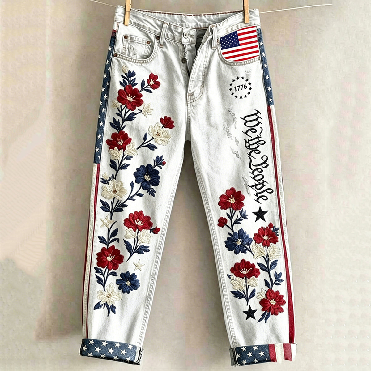 Cardydony Women's Retro Independence Day Floral Print Jeans