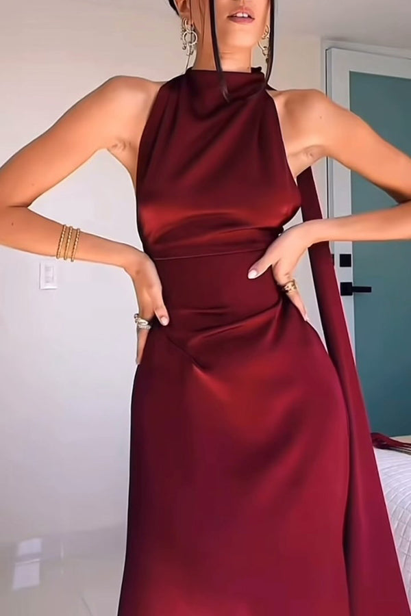 Cardydony Women's Solid Color Satin Elegant Sleeveless Waist Maxi Dress
