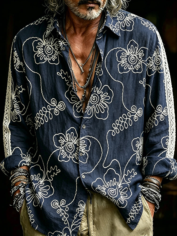 Cardydony Men's Retro Flower Embroidery Pattern Casual Linen Shirt