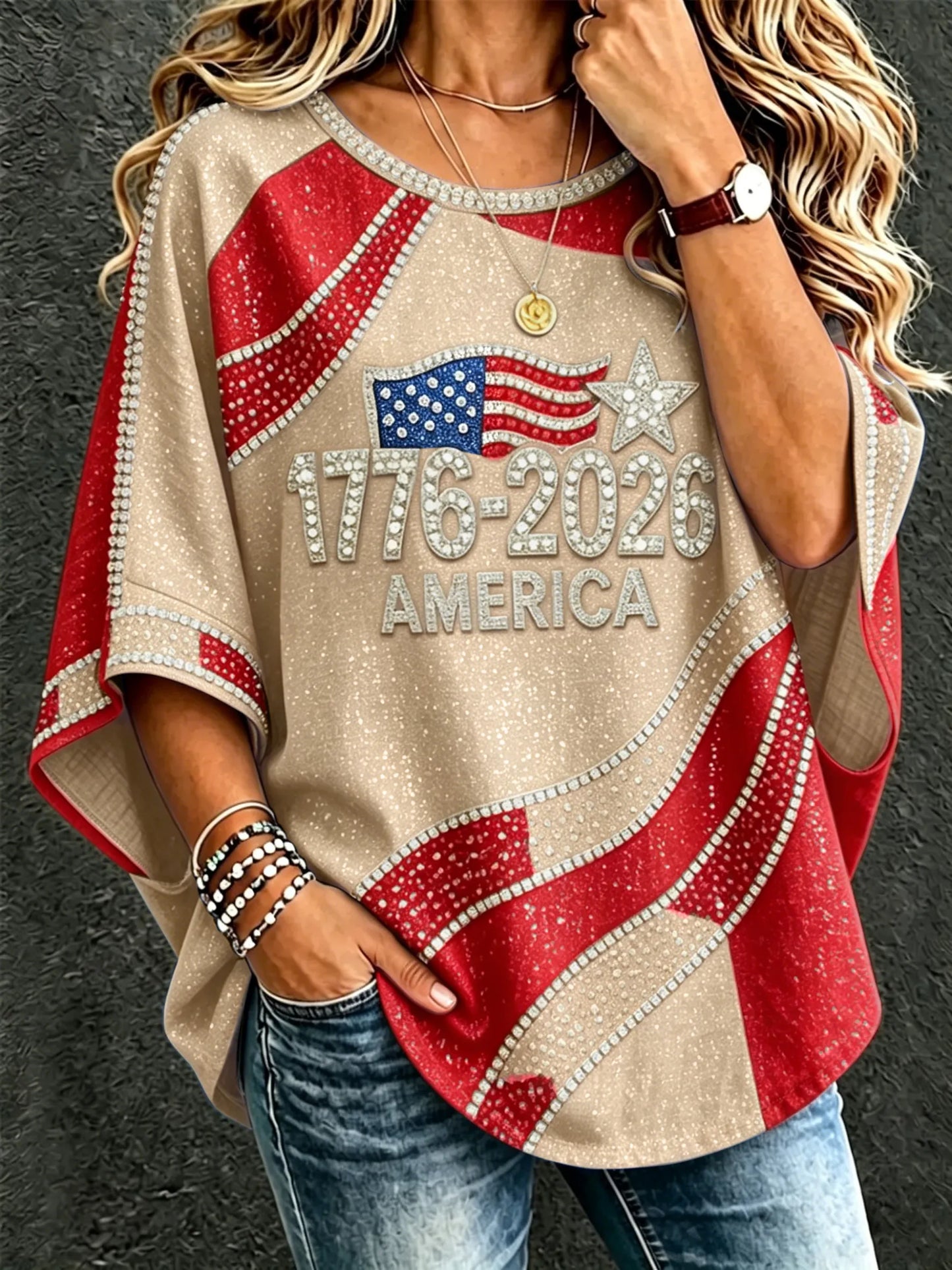 Cardydony Women's Vintage Independent Day Art Print Flowy Linen Blend Three-quarter Sleeve Round Neck Linen Tops
