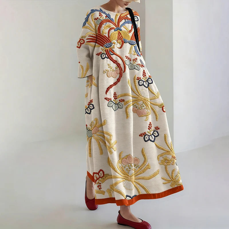 Cardydony Women's Vintage Japanese Floral Print Linen Blend Midi Dress