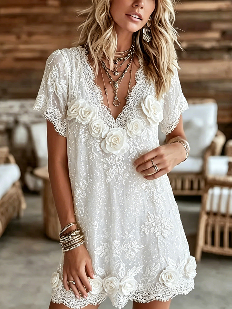 Cardydony Women's Vintage White Rose Art Embroidered Linen Blend Casual Midi Dress