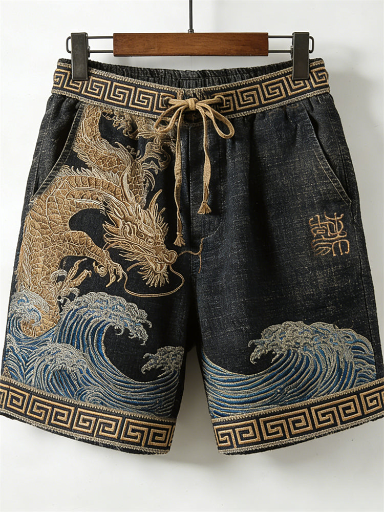Cardydony Men's Japanese Gold Dragons Sea Waves Drawstring Linen Shorts