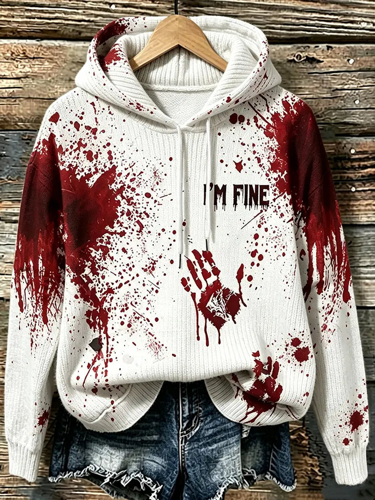 Cardydony Women's Retro Bloodstain I'm Fine Print Hooded Sweater