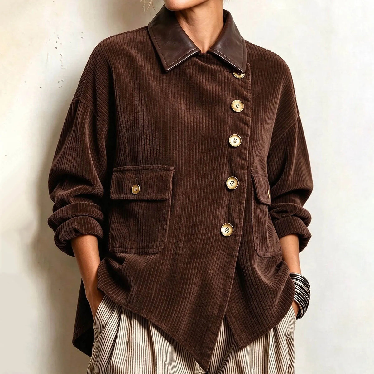 Cardydony Women's Fall Winter Cozy Asymmetric Corduroy Top