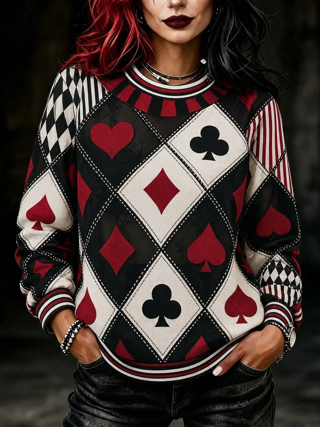 Cardydony Women's Halloween Retro Casual Color Block Poker Print Long Sleeve Crew Neck Sweatshirt
