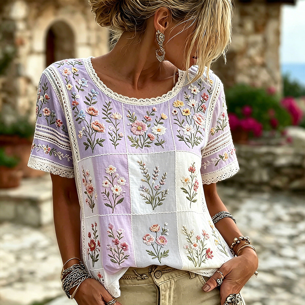 Cardydony Women's Floral And Lace Art Embroidery Spliced Vintage Casual Short Sleeve Top