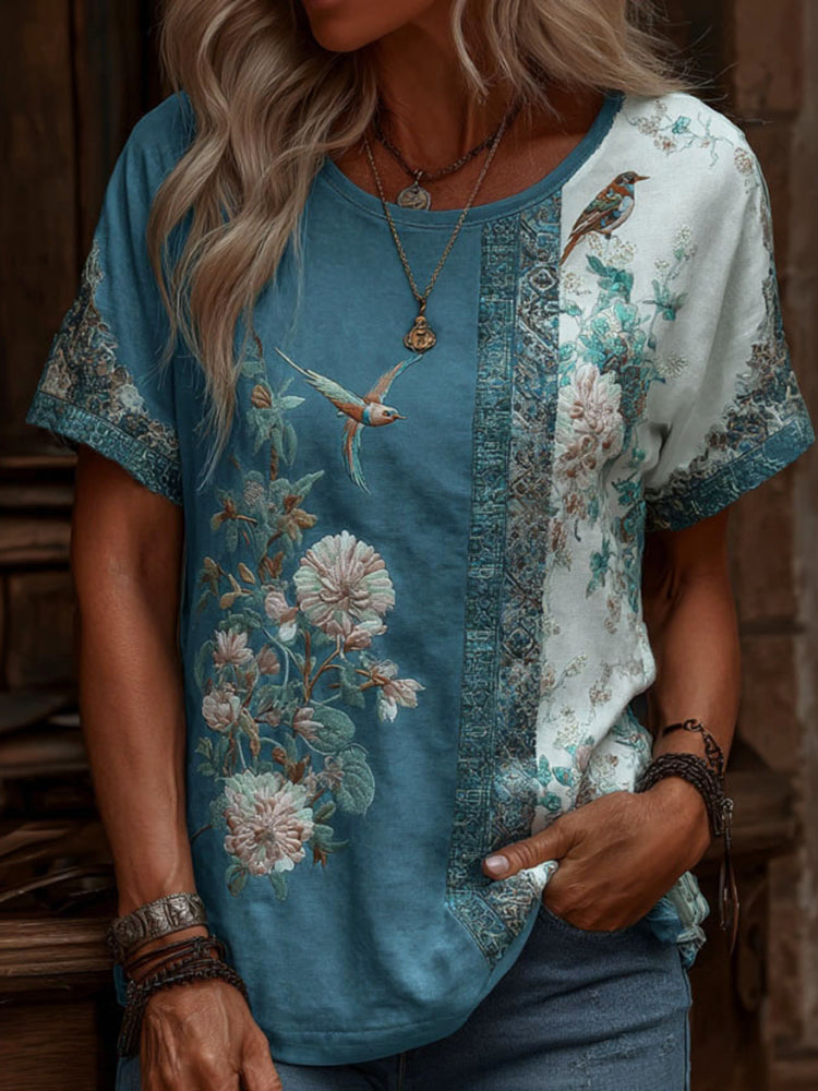 Cardydony Women's Retro Floral And Bird Print Crew Neck T-shirt